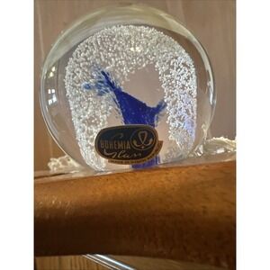 Vintage Bohemia Blue‎ White Art Glass Paperweight